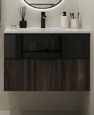Mueble de lavabo: Mueble Mirko Madera Okobo Claro+Cristal Negro Mate — 